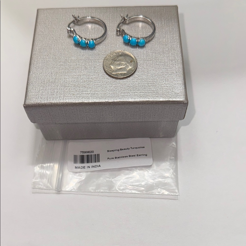 Sleeping Beauty Turquoise Earrings, Hoop, Stainless Steel, 1” Long